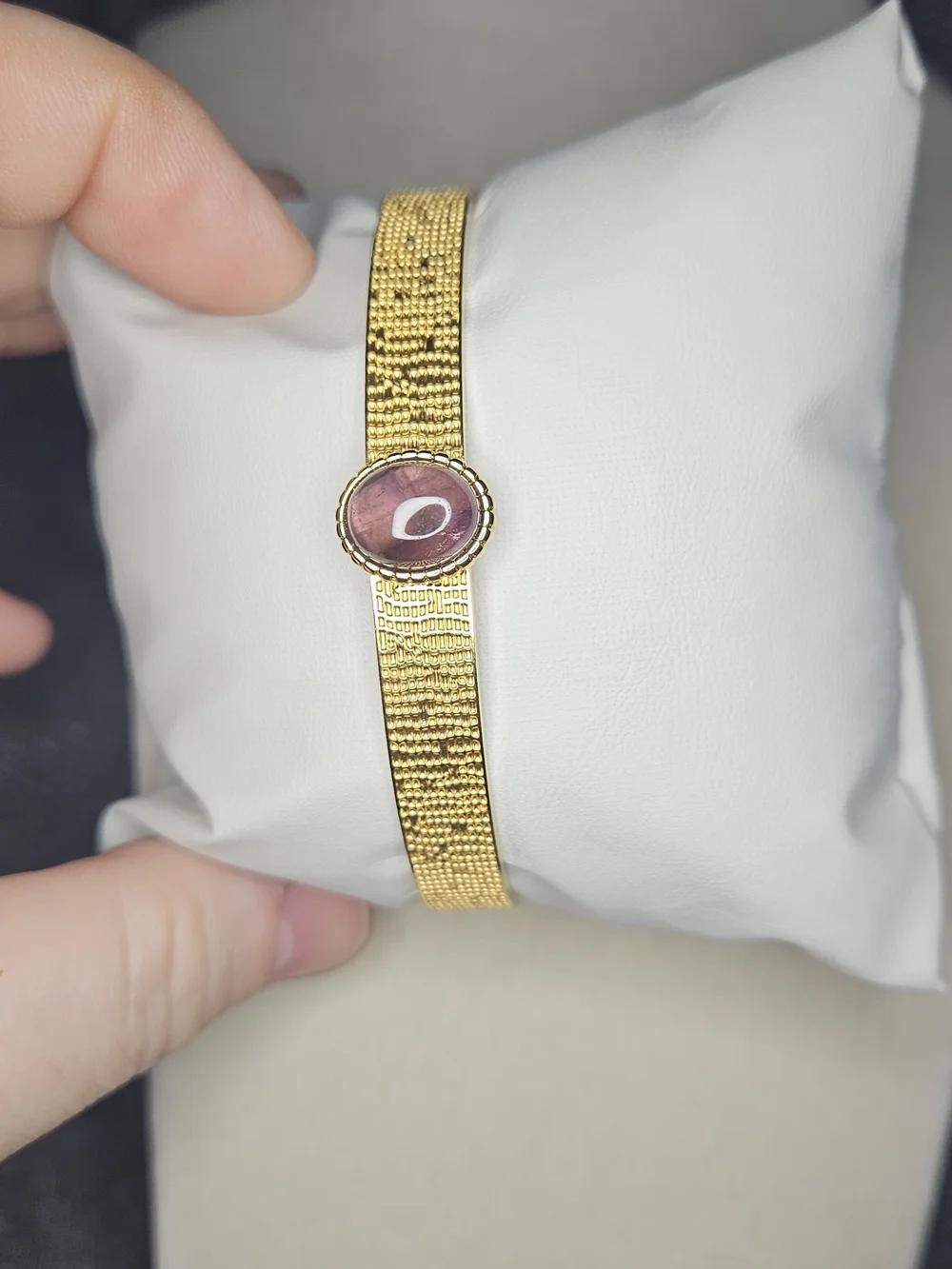 Gold Tone Stainless Steel Open Cuff Bracelet with Purple Gemstone Center